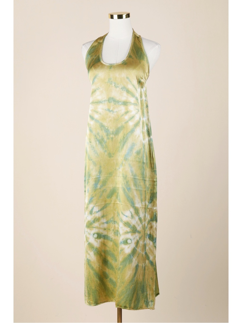 Sz M Young Fabulous & Broke Copal Tie Dye Satin Maxi Tank Dress In Olive Oil EUC